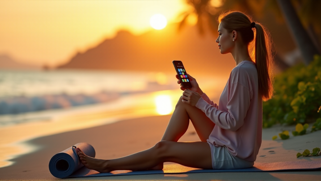 "A young woman relaxes on a serene beach at sunset, surrounded by nature, using wellness apps like Headspace and Calm on her iPhone."