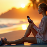 Top Wellness Apps That Make a Difference in Your Life "A young woman relaxes on a serene beach at sunset, surrounded by nature, using wellness apps like Headspace and Calm on her iPhone."