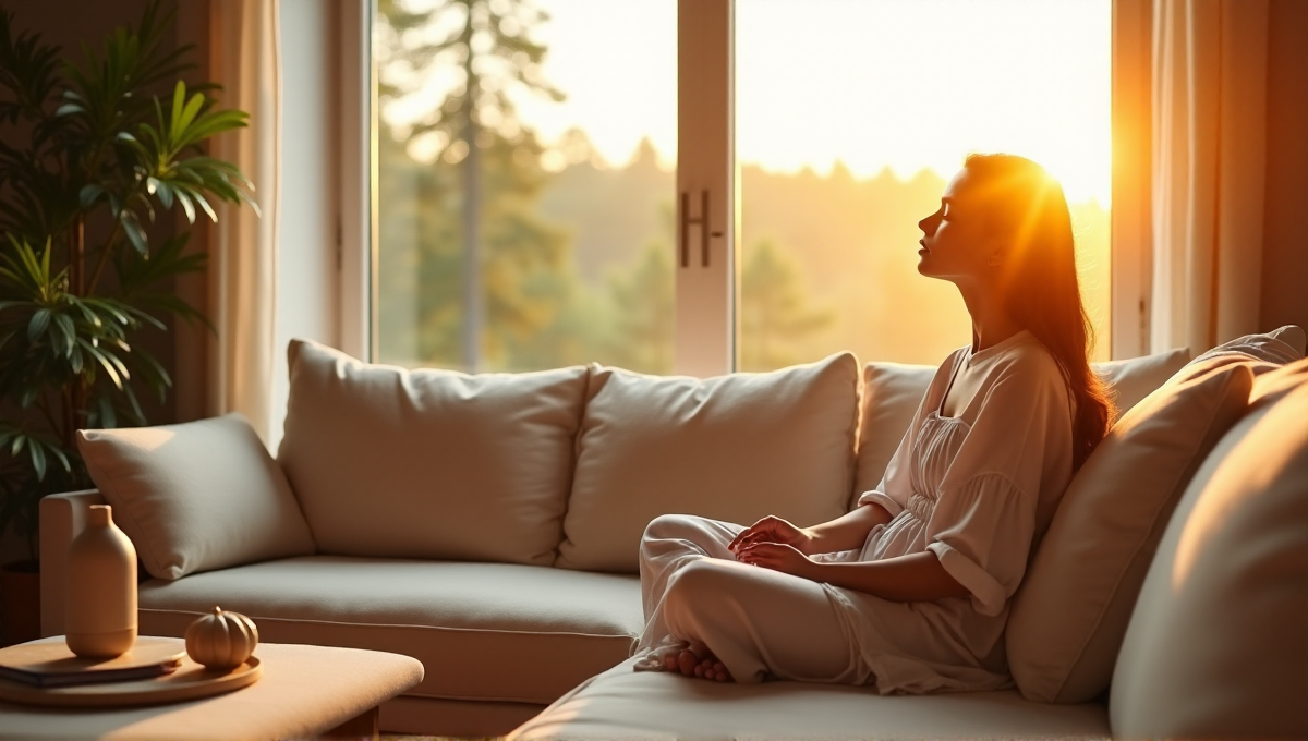 A serene woman sits on a cream-colored couch surrounded by wellness tech gadgets, essential oil diffuser, calming books, and Buddha statue in a peaceful forest landscape at sunset.