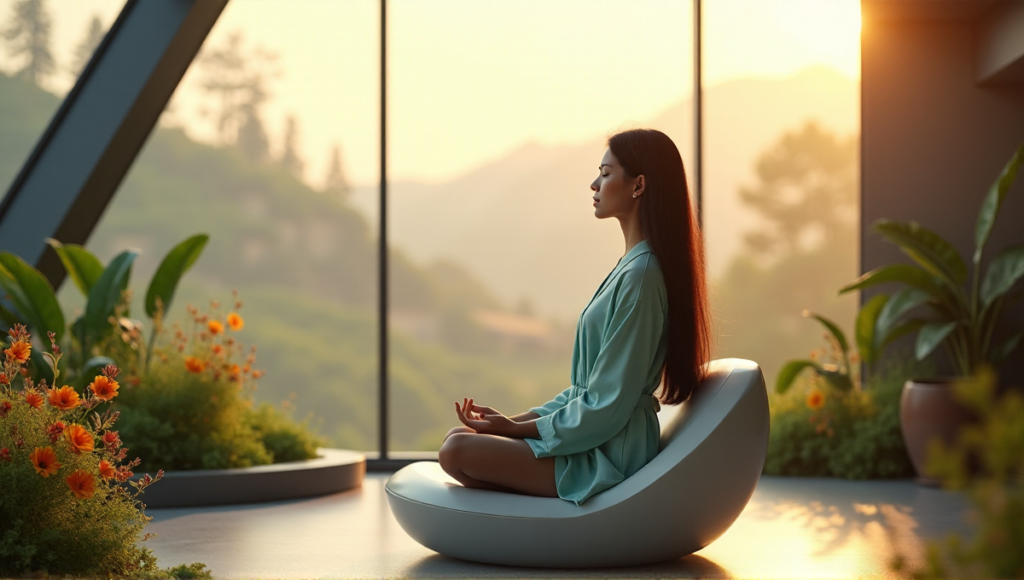 "A serene woman sits in a futuristic meditation chair amidst lush greenery and vibrant flowers, surrounded by natural beauty and warm golden light."