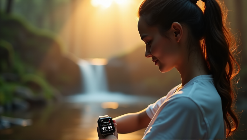 "A person wearing a sleek smartwatch glances at its health metrics display in a serene misty forest dawn setting, emphasizing wellness tech."