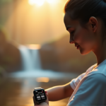 Smart Wearables for Optimal Wellness and Balance: Top Health Monitoring Tech for Seamless Tracking "A person wearing a sleek smartwatch glances at its health metrics display in a serene misty forest dawn setting, emphasizing wellness tech."