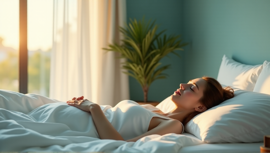 "A serene bedroom scene featuring a woman on a plush white bed surrounded by calming elements and subtle wellness tech devices, capturing a peaceful moment of relaxation."