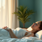 Achieve Perfect Sleep with Zenon's Expert Sleep Tech Picks for Smarter Nights "A serene bedroom scene featuring a woman on a plush white bed surrounded by calming elements and subtle wellness tech devices, capturing a peaceful moment of relaxation."