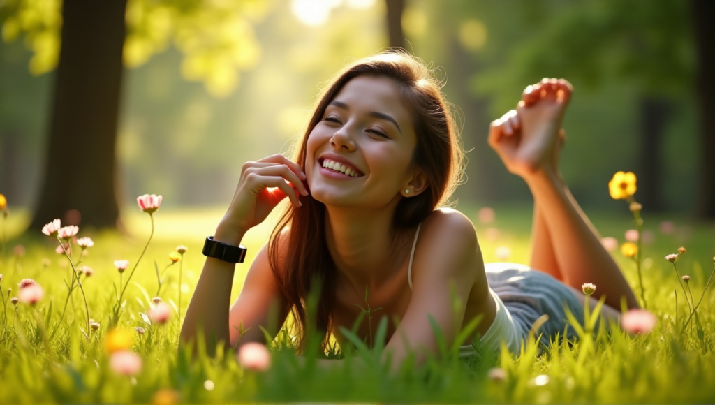 "A serene woman lies on a lush meadow surrounded by trees and wildflowers, wearing a sleek black fitness tracker, exuding relaxation and wellness tech awareness."