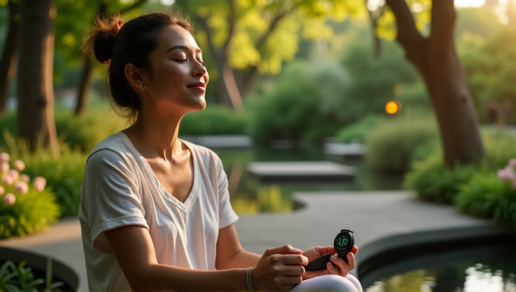 "A serene woman sits on a natural stone bench in a lush garden, surrounded by tall trees and vibrant flowers, wearing wellness tech gadgets with soft glow."