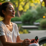 Smart Wellness Gadgets for Effortless Balance and Optimal Health "A serene woman sits on a natural stone bench in a lush garden, surrounded by tall trees and vibrant flowers, wearing wellness tech gadgets with soft glow."