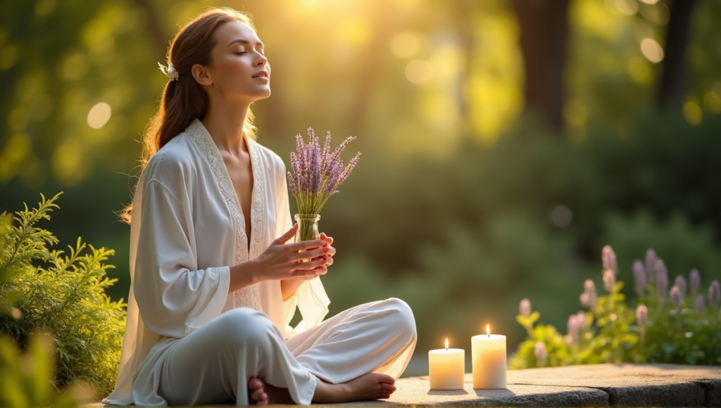 "A serene woman sits on a natural stone bench surrounded by lush greenery and wellness tech devices, exuding peacefulness amidst soft lighting and calming scents."