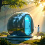 Revolutionize Your Health with Top Wellness Tech Innovations 2025 "A futuristic wellness center amidst a serene forest, featuring a sleek silver smart health pod with glowing fiber-optic strands and a large touchscreen display."