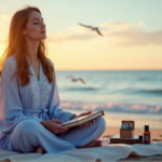 Best Mental Wellbeing Gadgets for a Calmer Mind and Balanced Life A serene woman sits on a beach surrounded by wellness gadgets, including mindfulness journal, essential oils, meditation cushion, wireless earbuds, and smartwatch displaying peaceful landscape, promoting balanced life through wellness tech.