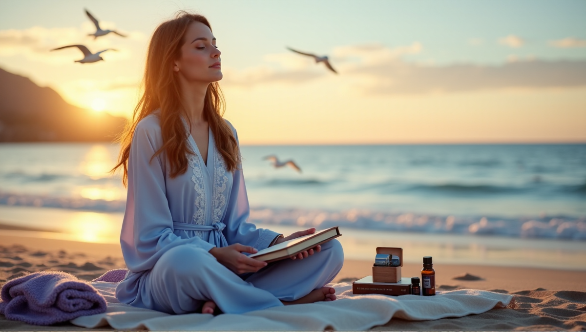 A serene woman sits on a beach surrounded by wellness gadgets, including mindfulness journal, essential oils, meditation cushion, wireless earbuds, and smartwatch displaying peaceful landscape, promoting balanced life through wellness tech.