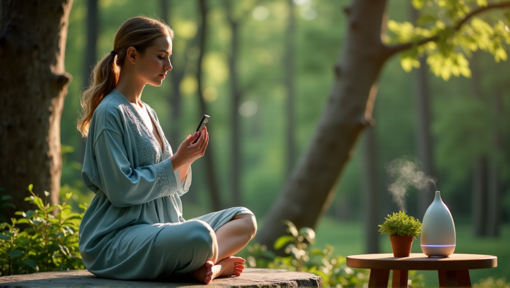 "A serene woman sits on a natural stone bench in a lush forest, surrounded by calming wellness tech gadgets, including an essential oil diffuser, white noise machine, and meditation timer."