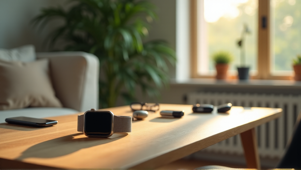 "A serene living room featuring wellness tech gadgets: a sleek smartwatch on a minimalist desk surrounded by fitness trackers and plants in a calming environment."