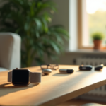 Zenon's Top Wellness Gadgets for Optimal Health and Balance: Essential Fitness Trackers and Smart Devices to Achieve Your Goals "A serene living room featuring wellness tech gadgets: a sleek smartwatch on a minimalist desk surrounded by fitness trackers and plants in a calming environment."
