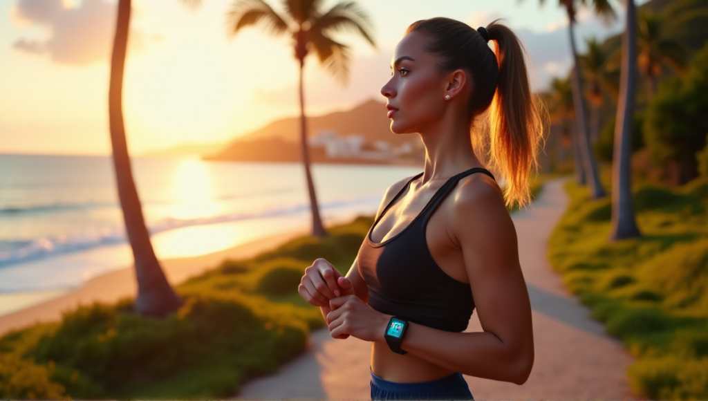 "A young woman stands confidently on a coastal path at sunrise, wearing fitness trackers and gazing out at the ocean with determination and motivation."