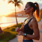 Achieve Ultimate Fitness Goals with Top Activity Trackers and Wellness Gadgets That Work as Hard as You Do "A young woman stands confidently on a coastal path at sunrise, wearing fitness trackers and gazing out at the ocean with determination and motivation."