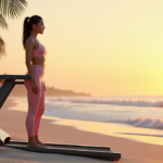 "A young woman stands confidently on a tranquil beach at sunrise surrounded by top fitness and wellness gadgets, showcasing balance with wellness tech."