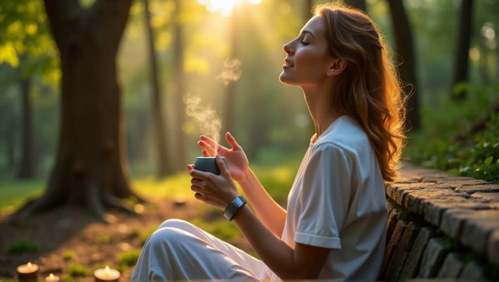 "A serene woman sits on a natural stone bench in a tranquil forest, surrounded by lush greenery, using wellness tech devices to promote relaxation."