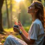 Smart Gadgets for a Calmer Mind: Top Mental Wellbeing Devices for Inner Peace and Balance "A serene woman sits on a natural stone bench in a tranquil forest, surrounded by lush greenery, using wellness tech devices to promote relaxation."