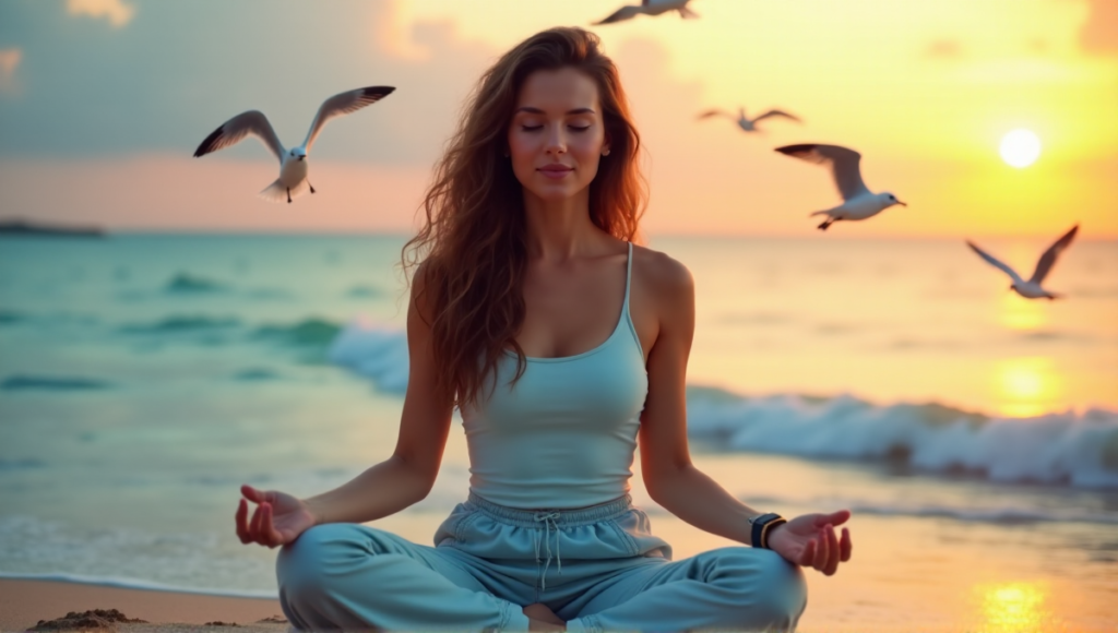 "A serene woman meditates on a tranquil beach at sunset surrounded by wellness tech gadgets, exuding inner peace and balance."