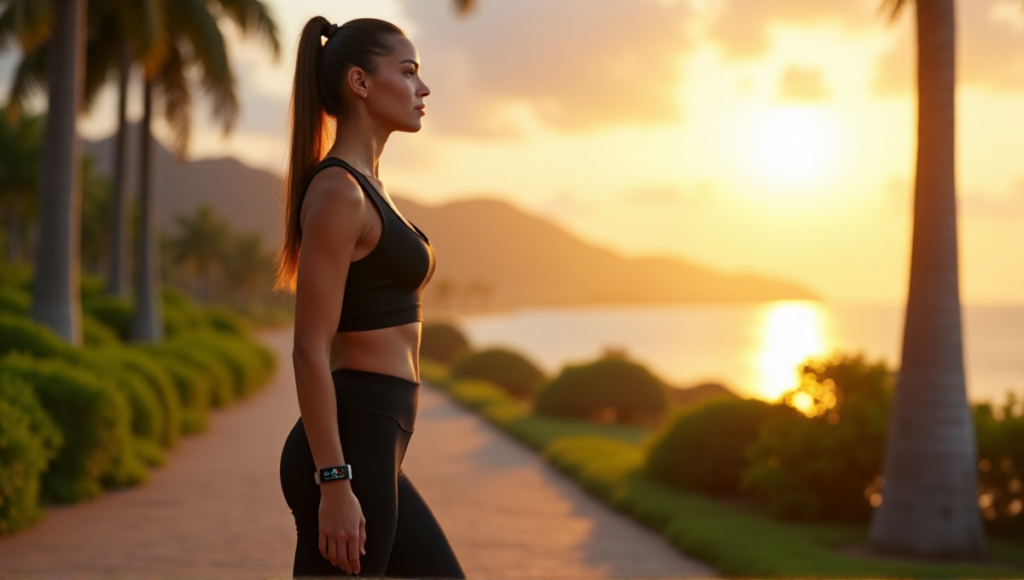 "A young woman stands confidently on a coastal path at sunrise, wearing sleek black sports attire with a silver fitness tracker displaying wellness data."
