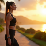 Achieve Ultimate Fitness Potential with Top Activity Trackers and Wellness Gadgets of 2025 "A young woman stands confidently on a coastal path at sunrise, wearing sleek black sports attire with a silver fitness tracker displaying wellness data."