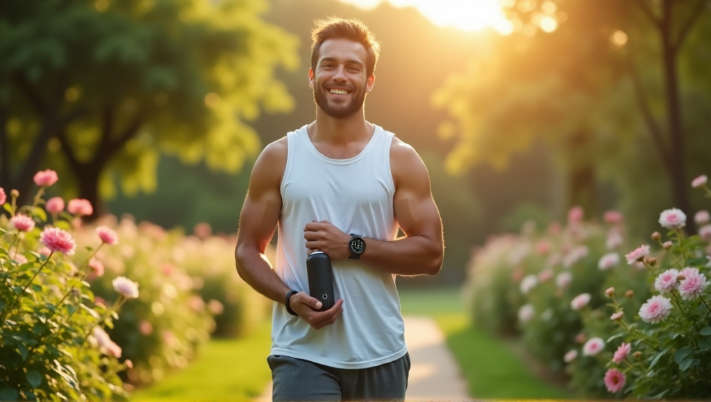 "Image of Zenon in serene outdoor setting with fitness tracker, water bottle, and portable meditation device, promoting wellness tech and a balanced lifestyle."