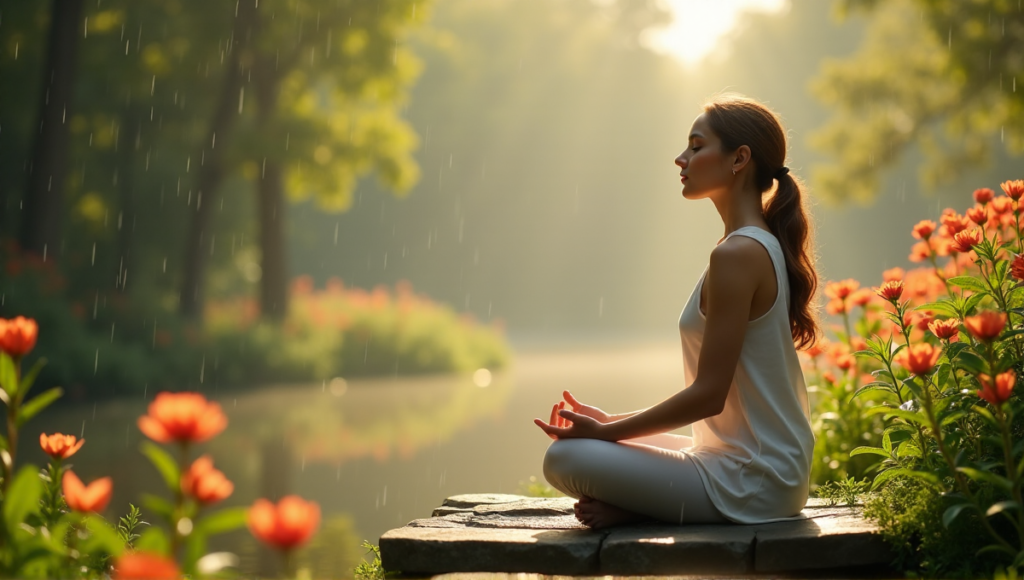 "A serene woman meditates in a lush garden setting amidst misty rain, evoking inner peace and balance, perfect for wellness tech inspiration."