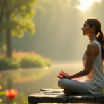 Meditation Apps That Help You Find Inner Peace and Balance "A serene woman meditates in a lush garden setting amidst misty rain, evoking inner peace and balance, perfect for wellness tech inspiration."