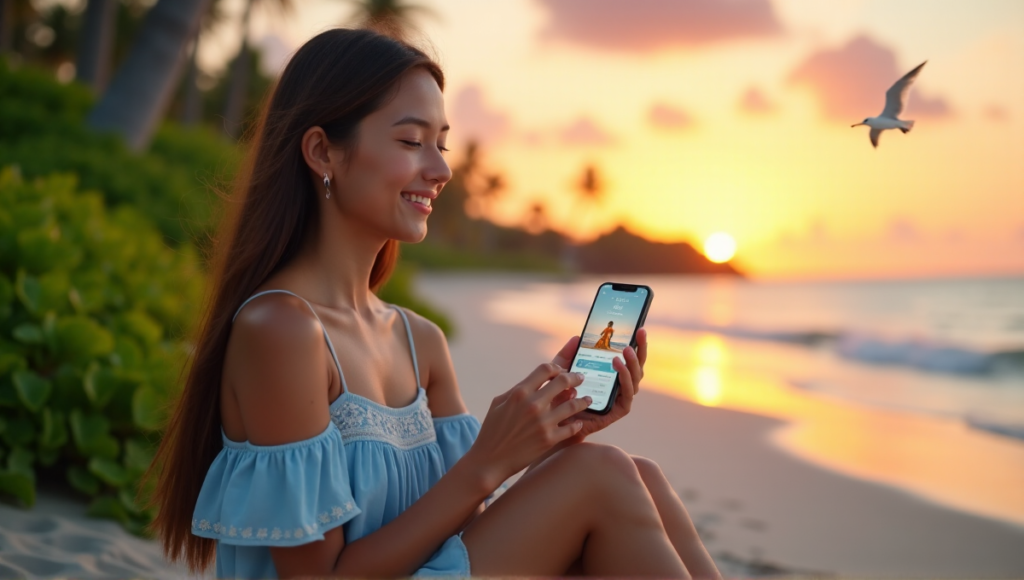 "A young woman sits on a serene beach at sunset, using her smartphone to track wellness and fitness goals with best fitness activity trackers."