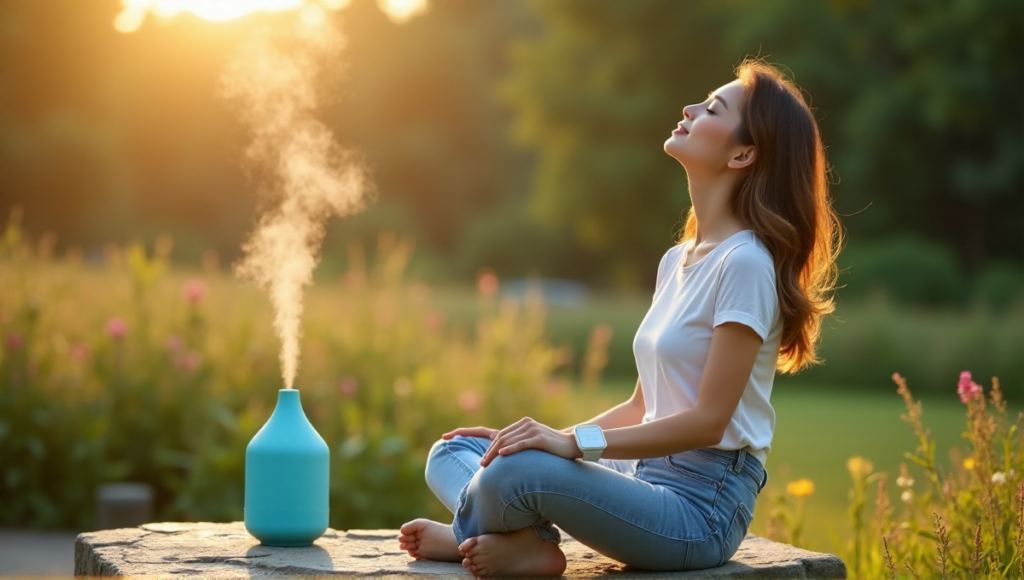 "A serene woman sits on a natural stone bench surrounded by lush greenery and flowers, with a smartwatch and essential oil diffuser nearby, evoking a sense of wellness tech and calm atmosphere."
