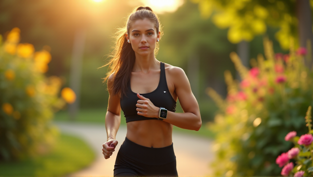 "A young woman in a sleek black sports outfit stands amidst lush greenery, wearing a smartwatch and earbuds, embodying wellness tech and fitness motivation."