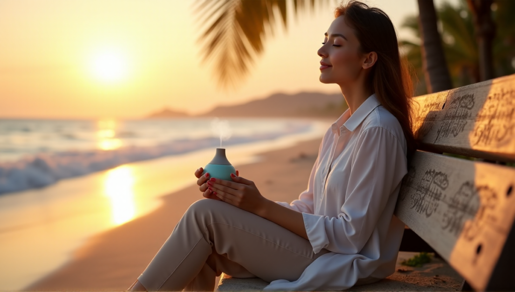 "A serene woman sits on a beach at sunset, using a sleek smart stress relief device and essential oil diffuser, surrounded by soothing sounds and warm breeze."
