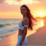 "A woman stands confidently on a serene beach at sunrise, wearing a sleek silver smart fitness tracker with a subtle smile, surrounded by gentle waves and seagulls in soft morning light."