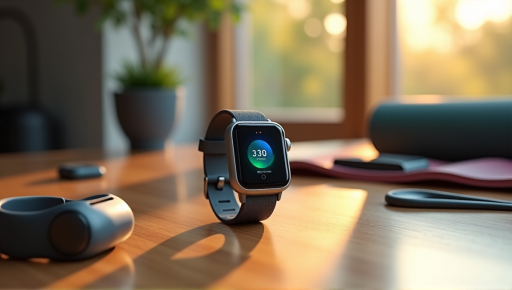 "A modern home gym setup featuring a sleek smartwatch, portable heart rate monitor, fitness tracker wristband, and compact yoga mat, showcasing cutting-edge wellness tech."
