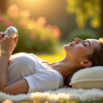 Discover Effective Stress Relief Devices That Work for a Calmer Mind and Inner Peace "A serene woman lies on a meditation mat in a peaceful garden at dawn, using a silver stress relief device amidst lush greenery."