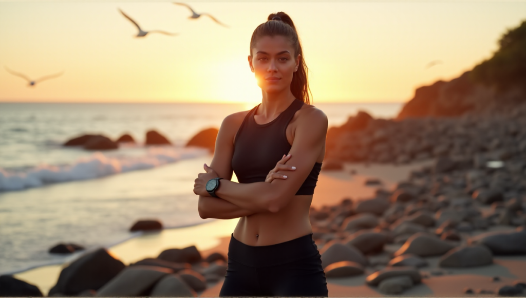 "A young woman stands confidently on a rocky beach at sunrise, wearing a sleek black sports outfit, with a high-end smartwatch on her wrist, embodying determination and focus in fitness journey with wellness tech."