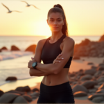 "A young woman stands confidently on a rocky beach at sunrise, wearing a sleek black sports outfit, with a high-end smartwatch on her wrist, embodying determination and focus in fitness journey with wellness tech."