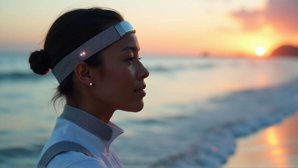 "A person wearing sleek health monitoring wearables on a serene beach at sunset, promoting wellness through technology."