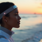 Advanced Health Monitoring Wearables for Optimal Wellness and Balance "A person wearing sleek health monitoring wearables on a serene beach at sunset, promoting wellness through technology."