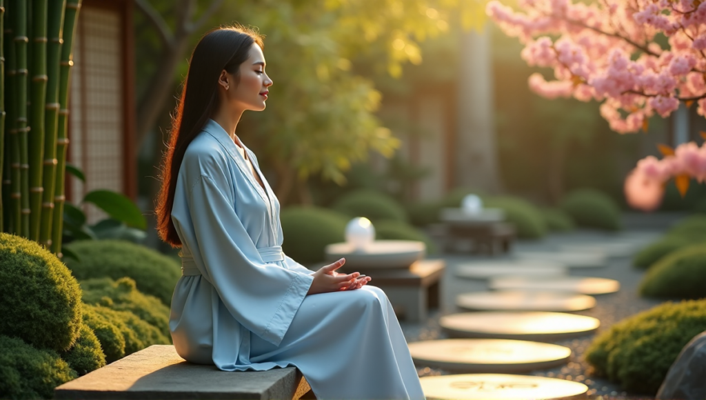"A serene woman sits on a natural stone bench in a tranquil Japanese garden, surrounded by wellness tech devices such as an essential oil diffuser, meditation cushion, and calming sound machine."