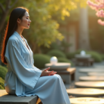 Achieve Calmness with Zenon's Best Stress Relief Devices "A serene woman sits on a natural stone bench in a tranquil Japanese garden, surrounded by wellness tech devices such as an essential oil diffuser, meditation cushion, and calming sound machine."