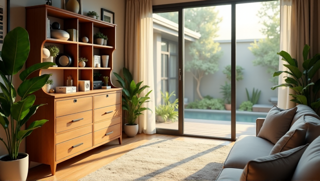 "A serene home wellness center featuring a wooden health cabinet with various gadgets, surrounded by calming artwork and plants."