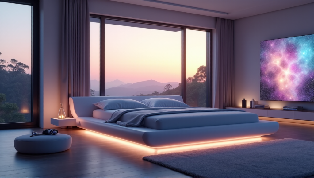 "A serene bedroom at dusk featuring a sleek smart bed with LED glow, AI-powered sleep tracker, noise-cancelling headphones, and a calming nature-inspired display promoting wellness tech and relaxation."