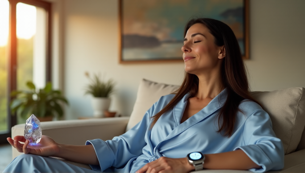 "A serene woman sits on a couch surrounded by wellness tech devices in a modern living room with warm golden hour light."