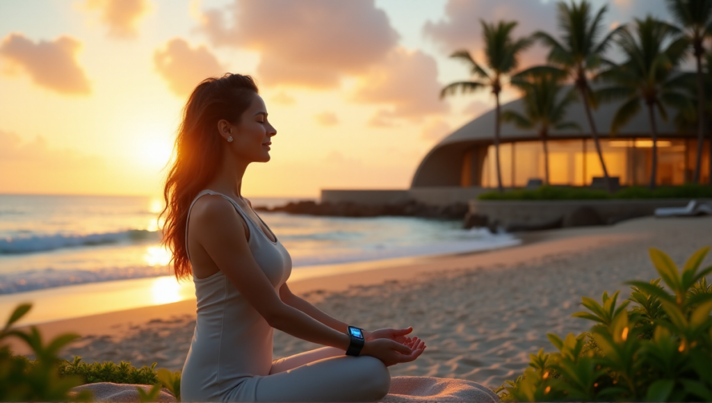 "A serene woman meditates on a tranquil beach at sunset, surrounded by lush greenery and modern wellness center in the background, showcasing harmony between nature and wellness tech."