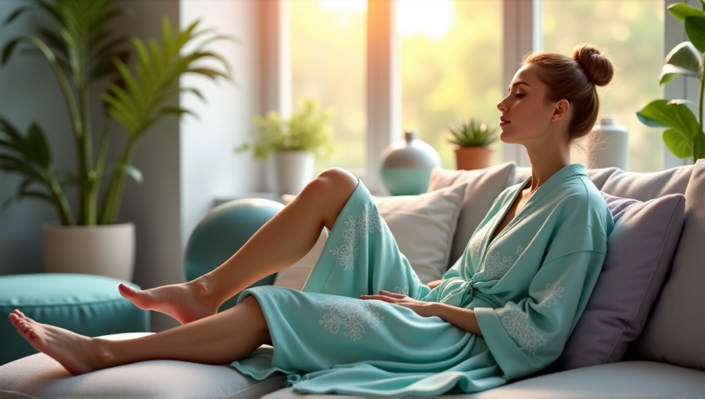 A serene living room scene featuring Zenon relaxing on a gray couch with stress relief gadgets like meditation balls, essential oil diffusers, and calming music CDs amidst warm golden hour light and soothing colors, showcasing wellness tech for relaxation.