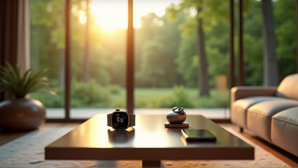 "A serene living room with a sleek smartwatch on a coffee table surrounded by wellness tech devices, air purifier, and wireless earbuds in a lush forest setting."