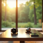 Discover Top Smart Devices Revolutionizing Modern Wellness and Optimal Health "A serene living room with a sleek smartwatch on a coffee table surrounded by wellness tech devices, air purifier, and wireless earbuds in a lush forest setting."