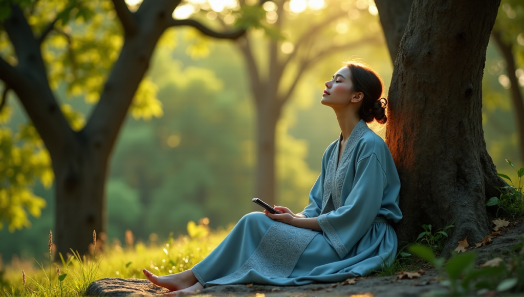 "A serene woman sits on a natural stone bench in a lush forest, surrounded by tall trees, wearing a calming blue robe with intricate embroidery, listening to soothing sounds from a sleek silver wellness tech device."